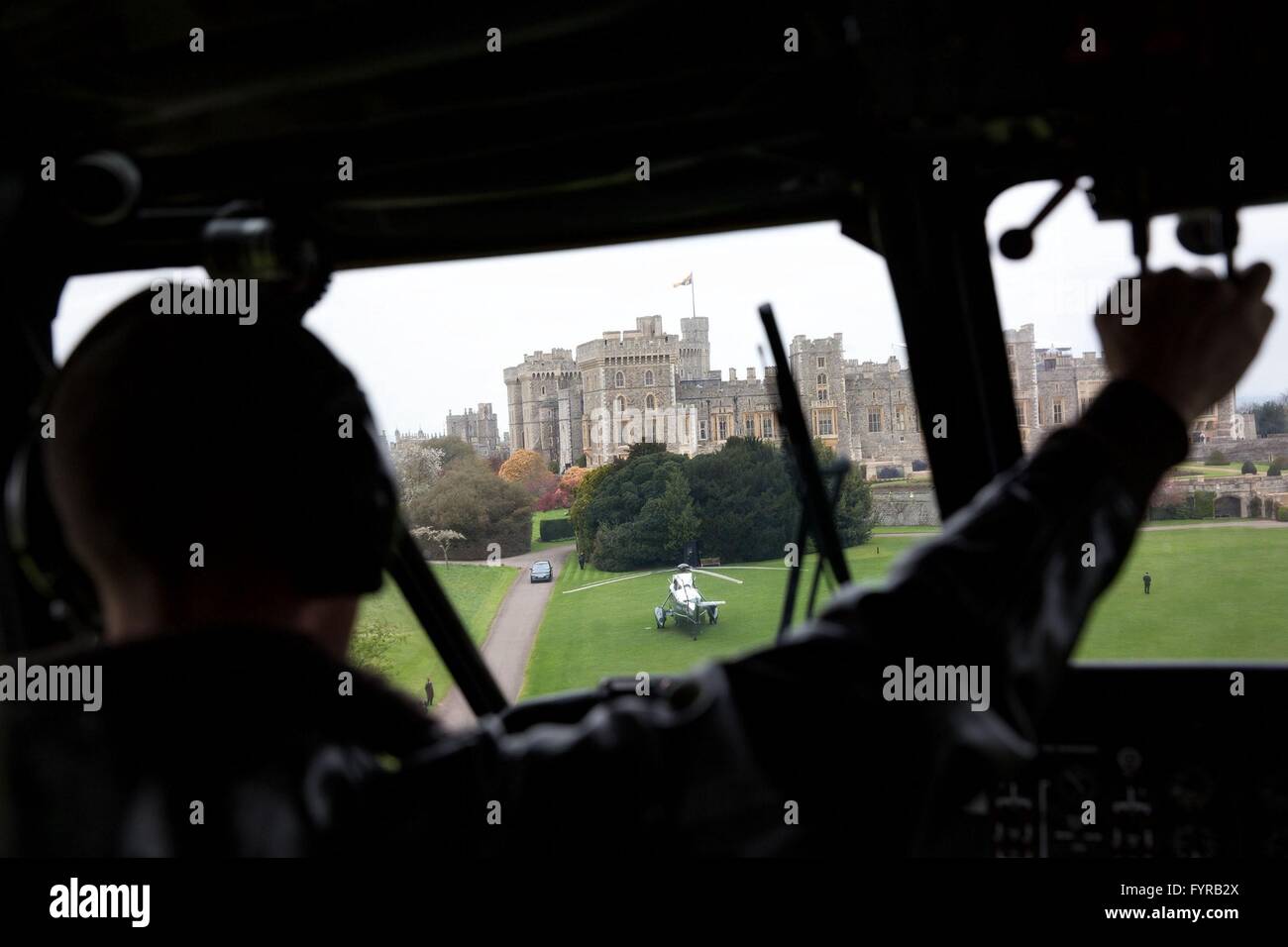 View from the cockpit of Windsor Castle as Marine One helicopter carrying U.S President Barack Obama approaches to land April 22, 2016 in Windsor, United Kingdom. Stock Photo