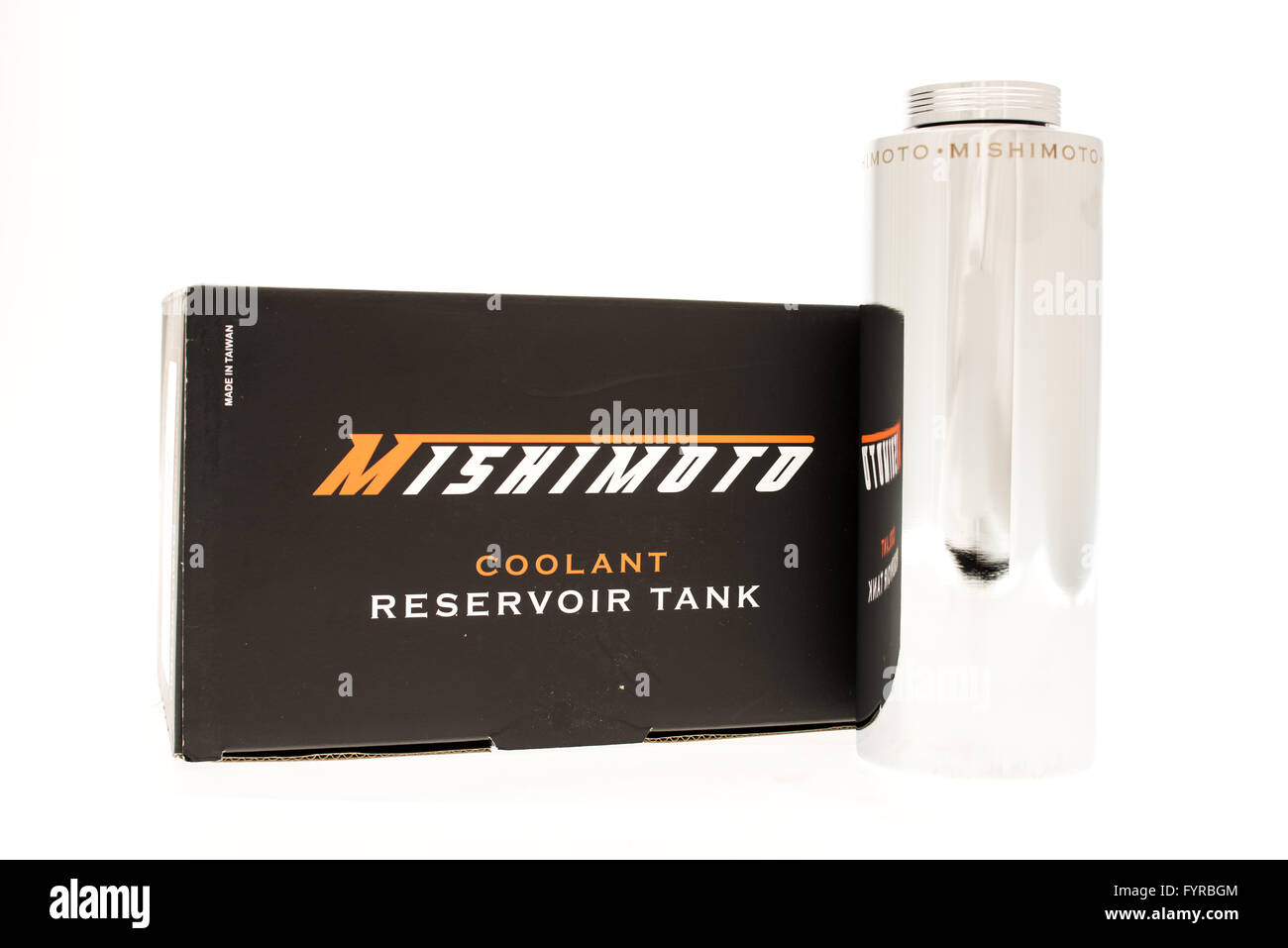 Winneconni, WI - 7 June 2015:  Mishimoto coolant reservoir tank with box. Stock Photo