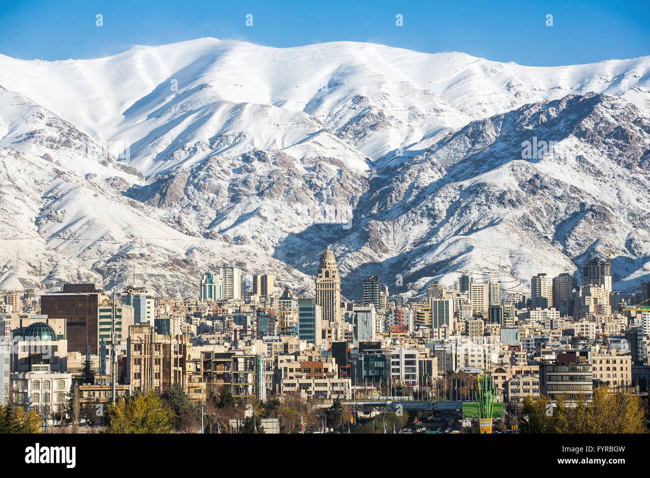 Winter Tehran  view with a snow covered Alborz Mountains on background Stock Photo