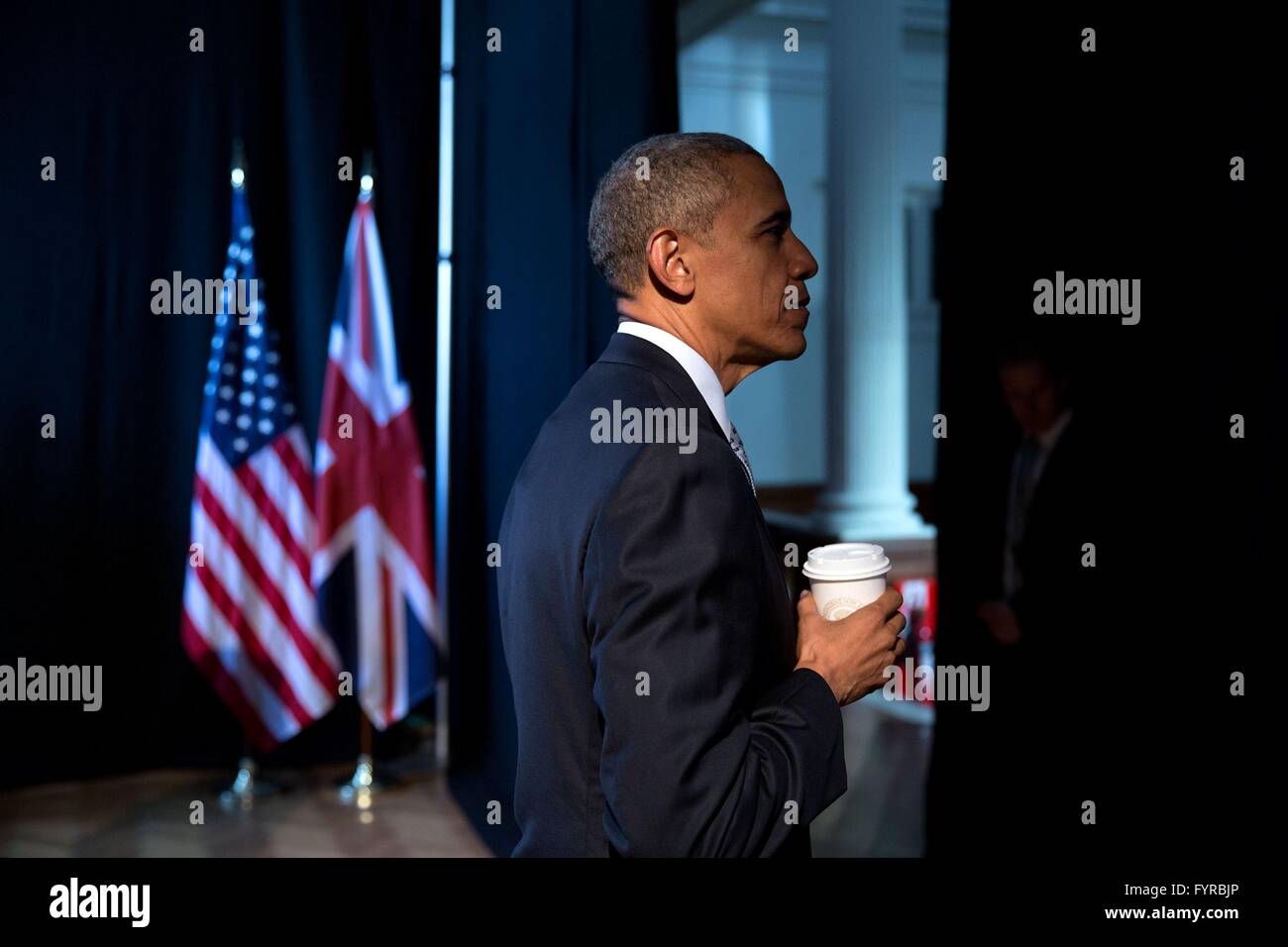 U.S President Barack Obama waits to take the stage for a town hall discussion at Lindley Hall April 23, 2016 in London, United Kingdom. Stock Photo