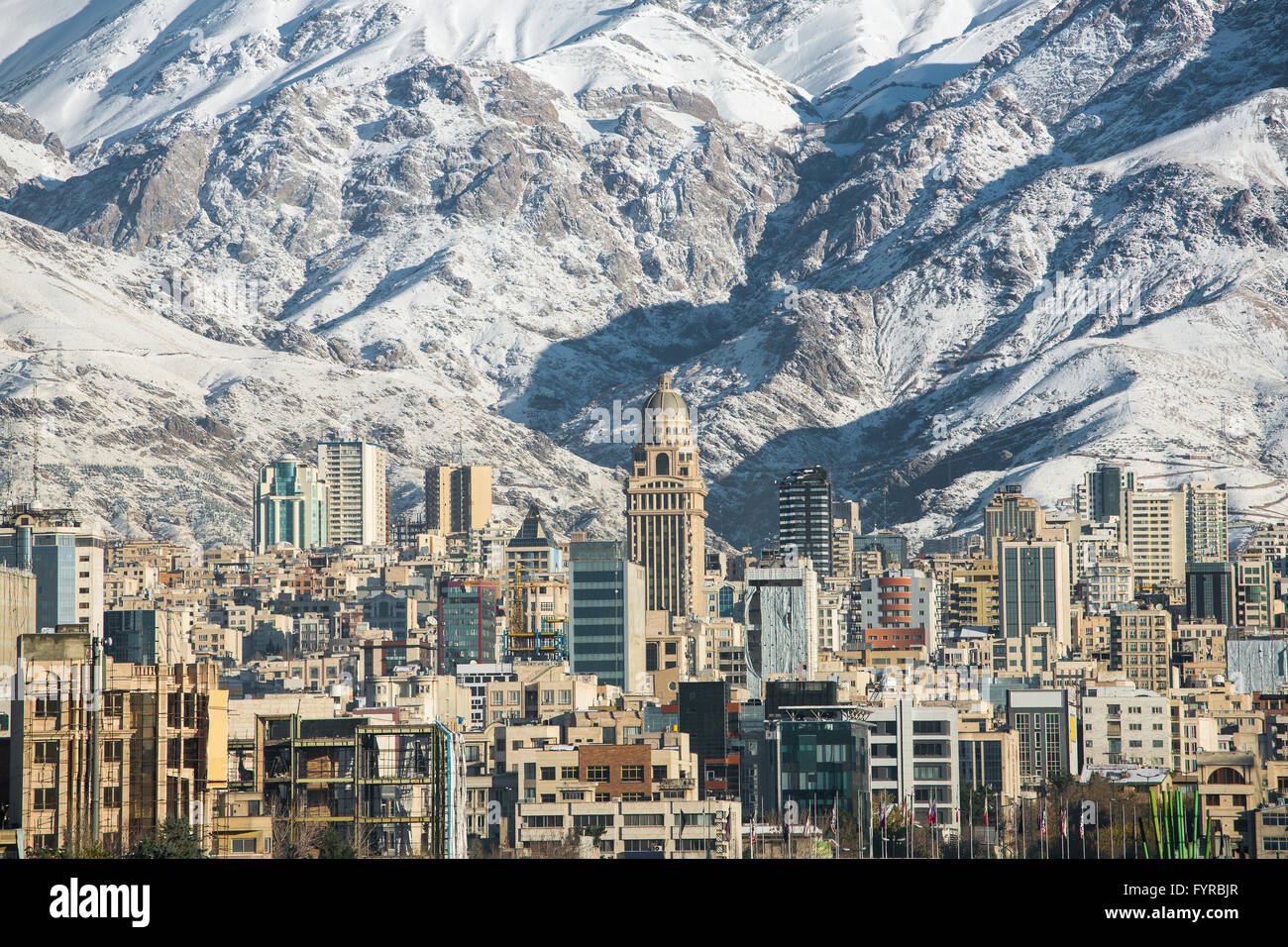 Winter Tehran  view with a snow covered Alborz Mountains on background Stock Photo