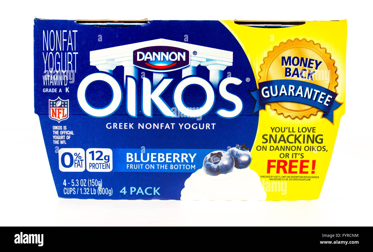 Winneconni, WI 22 July 2015 Package of Dannon Oikos Greek yogurt in
