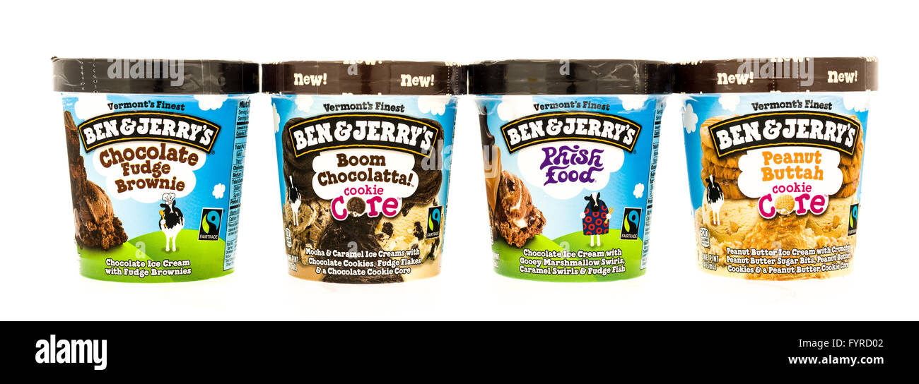 Winneconne, WI - 9 August 2015:  Four flavors of Ben & Jerry's ice cream in different flavors. Stock Photo