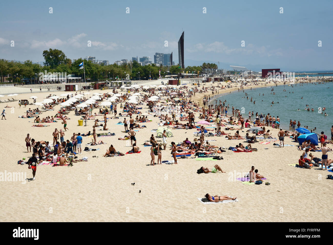 Beach next to the Olympic port. Barcelona, Catalonia, Spain, Europe Stock Photo