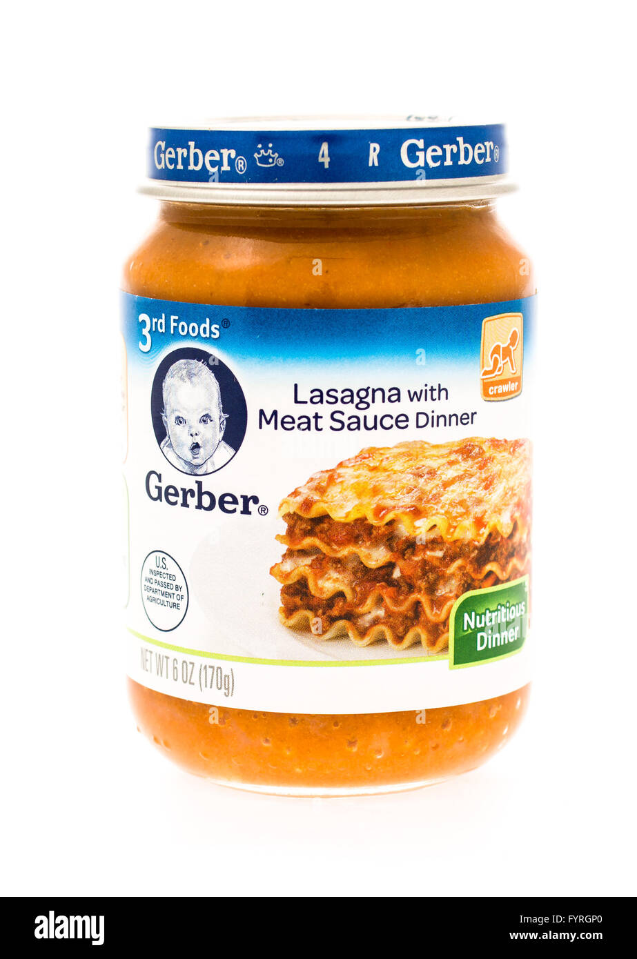 Winneconne, WI - 20 April 2015:  Jar of Gerber baby food in lasagna flavor. Stock Photo