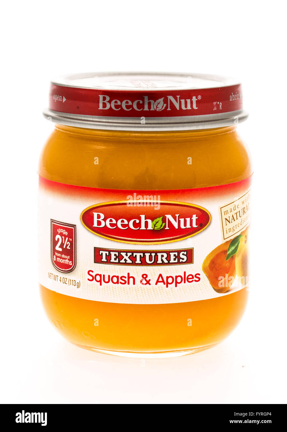 Winneconne, WI - 20 April 2015:  Jar of Beech Nut baby food in squash and apples flavor. Stock Photo