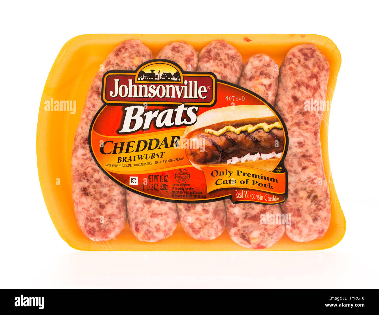 Winneconni, WI - 23 June 2015:  Package of Johnsonville brats in cheddar flavor. Stock Photo