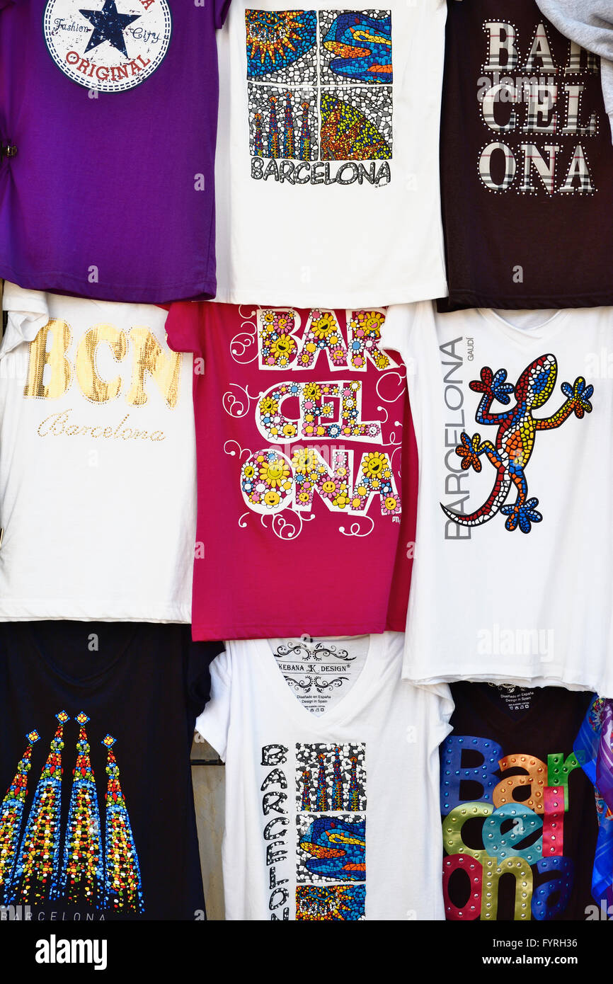 Souvenirs shirts. Barcelona, Catalonia, Spain, Europe Stock Photo - Alamy