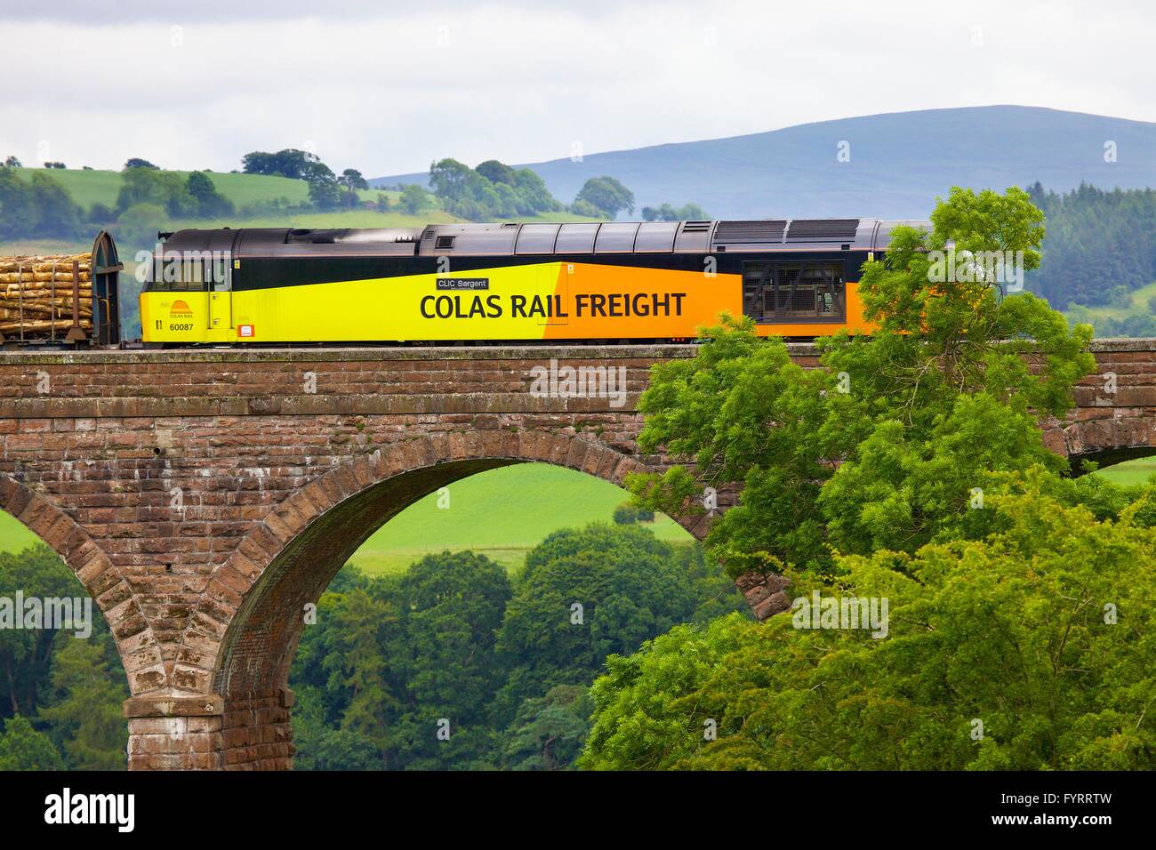 Colas Rail Freight train on Dry Beck Viaduct, Armathwaite, Eden Valley, Cumbria, Settle to Carlisle Railway Line, England, UK. Stock Photo