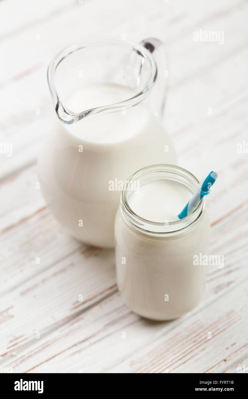 Milk jar on wooden table Stock Photo - Alamy