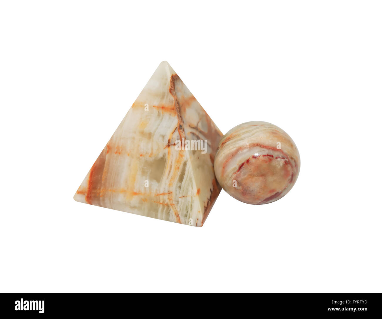 Ball and pyramid made from semiprecious stone on white background