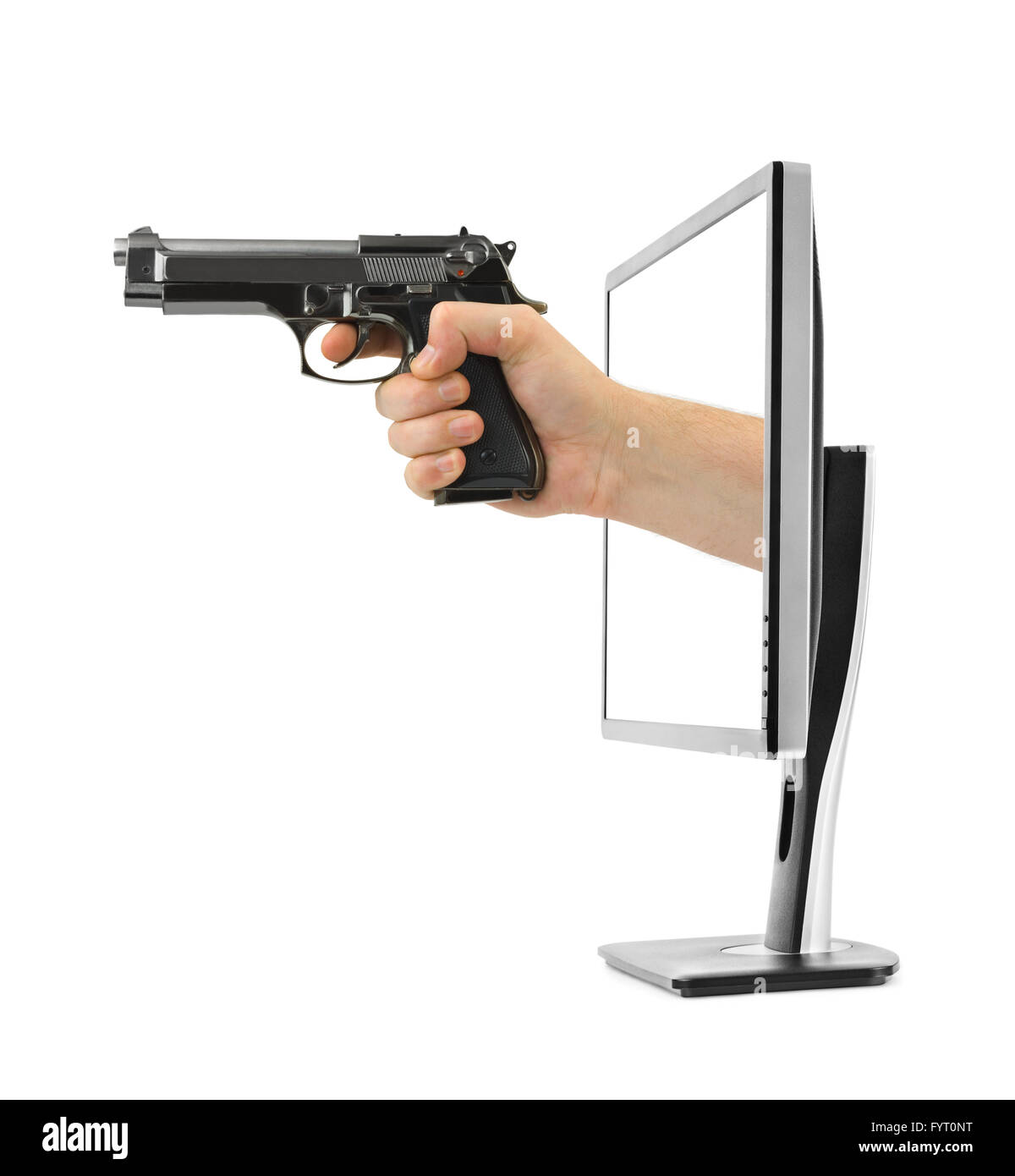Hand with gun and computer monitor Stock Photo