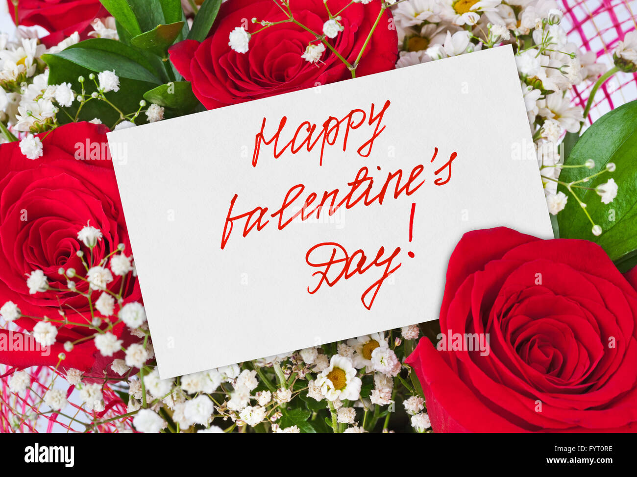 Roses bouquet and Valentines day card Stock Photo - Alamy