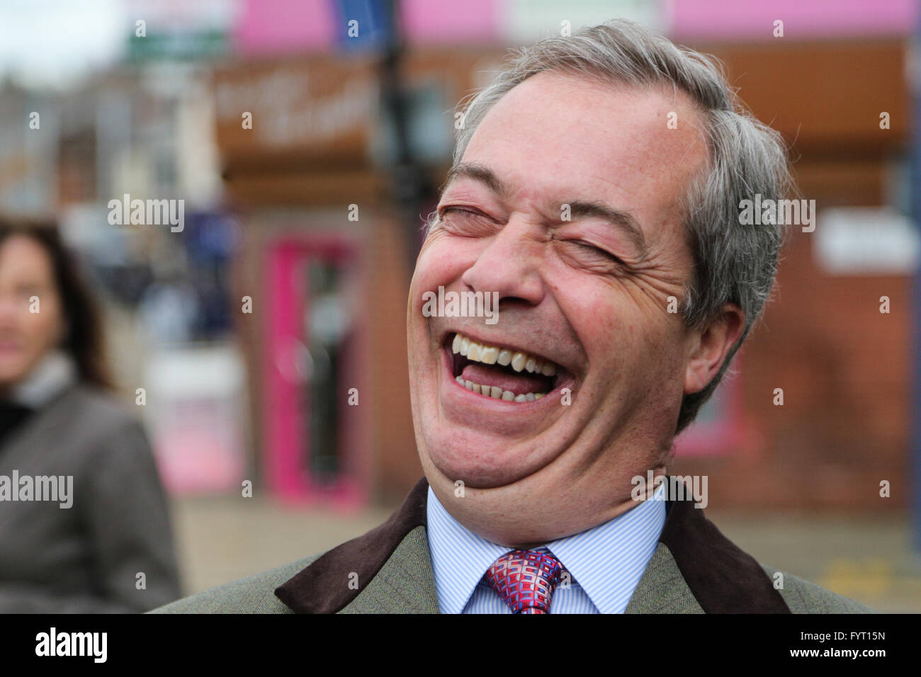 UKIP leader Nigel Farage on a visit to Sheffield in South Yorkshire, UK. Stock Photo