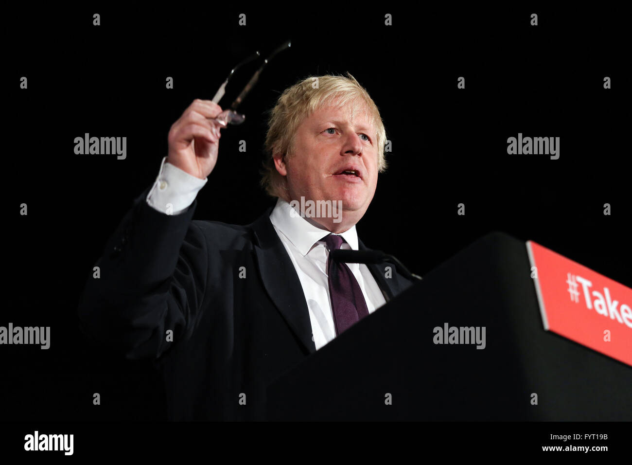 Boris Johnson speaks at a Vote Leave meeting about the EU referendum in Leeds, West Yorkshire. Stock Photo