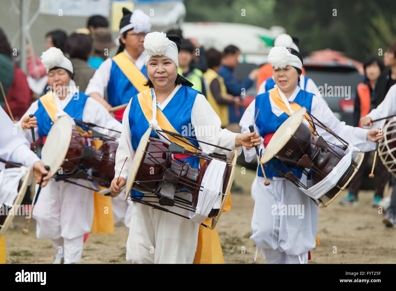 Gyeonggi-do, South Korea - April 22, 2016: The ending of the traditional Korea farmers show, The farmers dance occurred to celeb Stock Photo