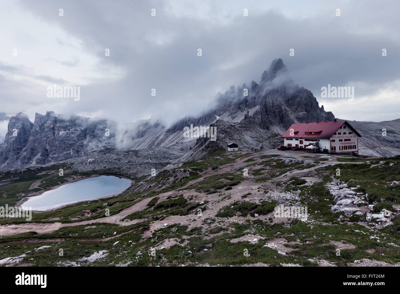 Lago dei Piani and Rifugio Locatelli Stock Photo