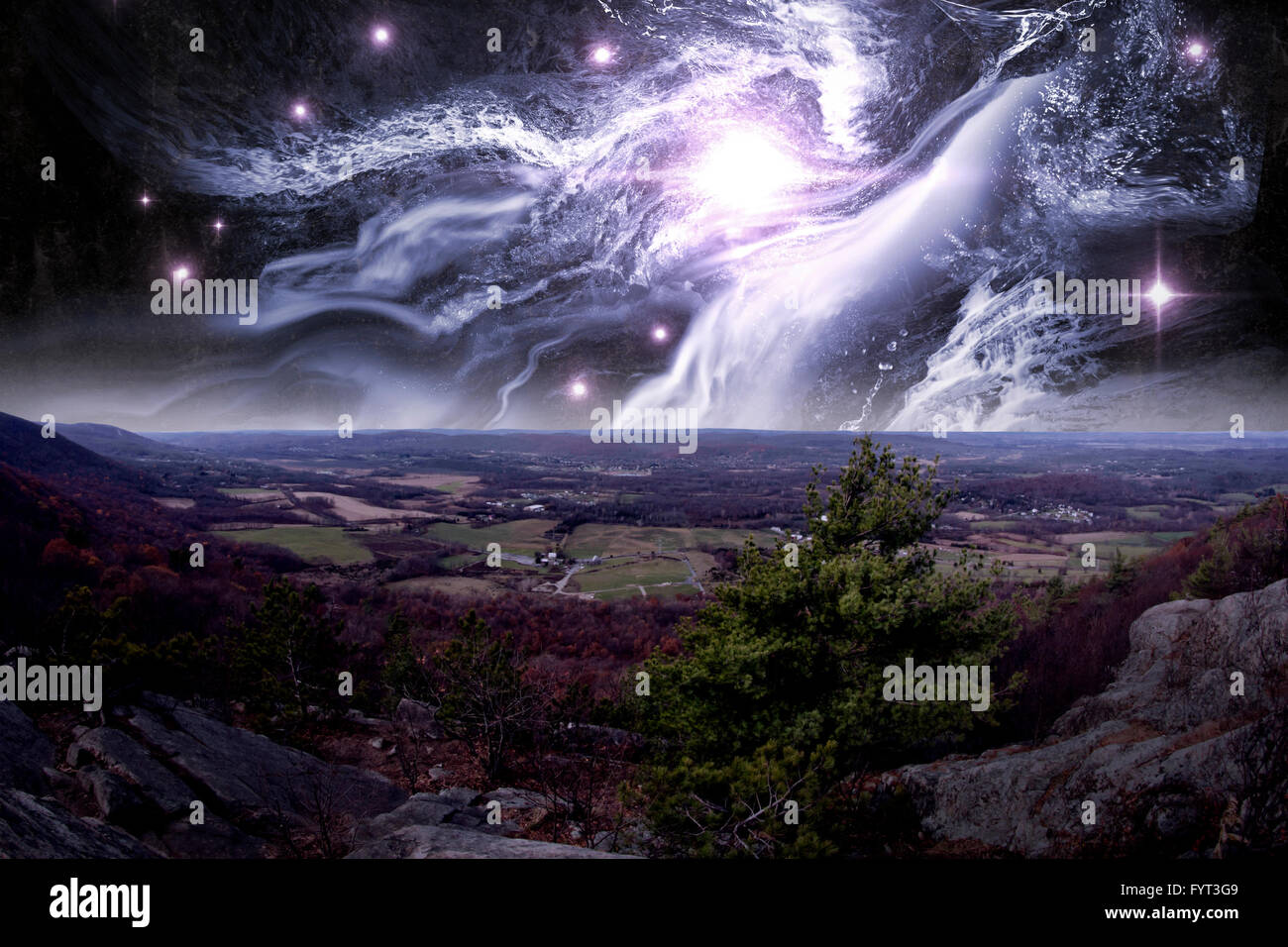 View from top of Appalachian Mountains with ethereal starscape Stock Photo