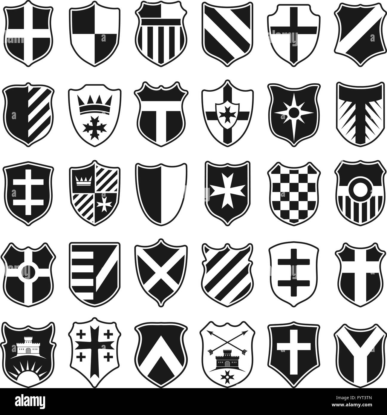 Large set of heraldic shields isolated on white background Stock Vector