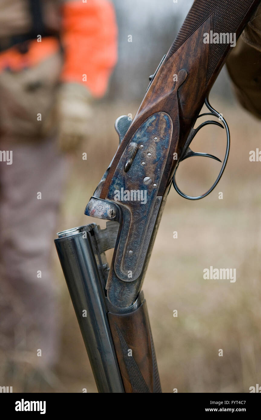 Detail of a Custom Arrieta 16 Gauge Side by Side Shotgun with Double Triggers at Wild Wing Lodge near Sturgis Kentucky Stock Photo