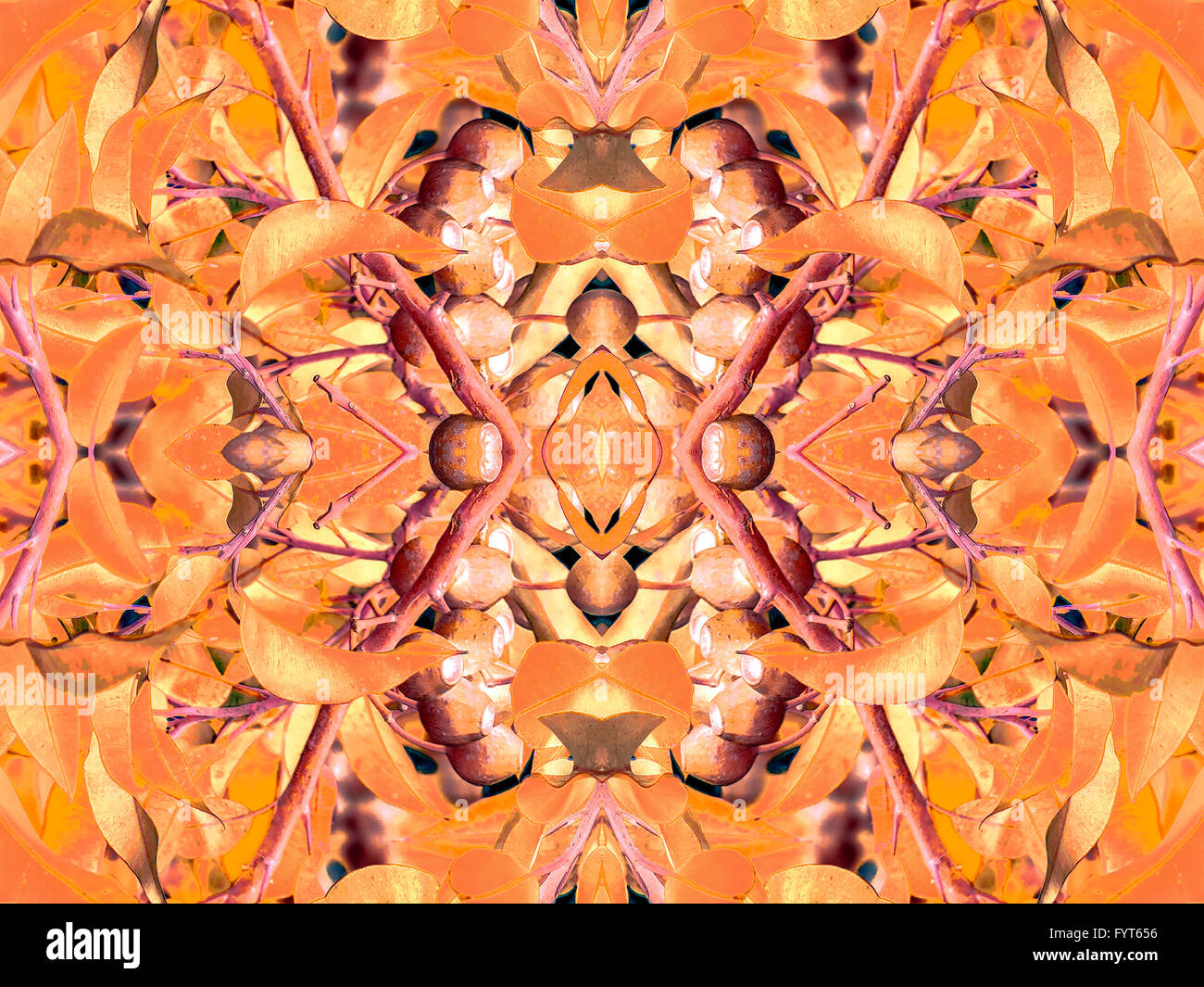 Digital collage and manipulation technique nature floral collage motif seamless pattern mosaic in vivid orange tones. Stock Photo