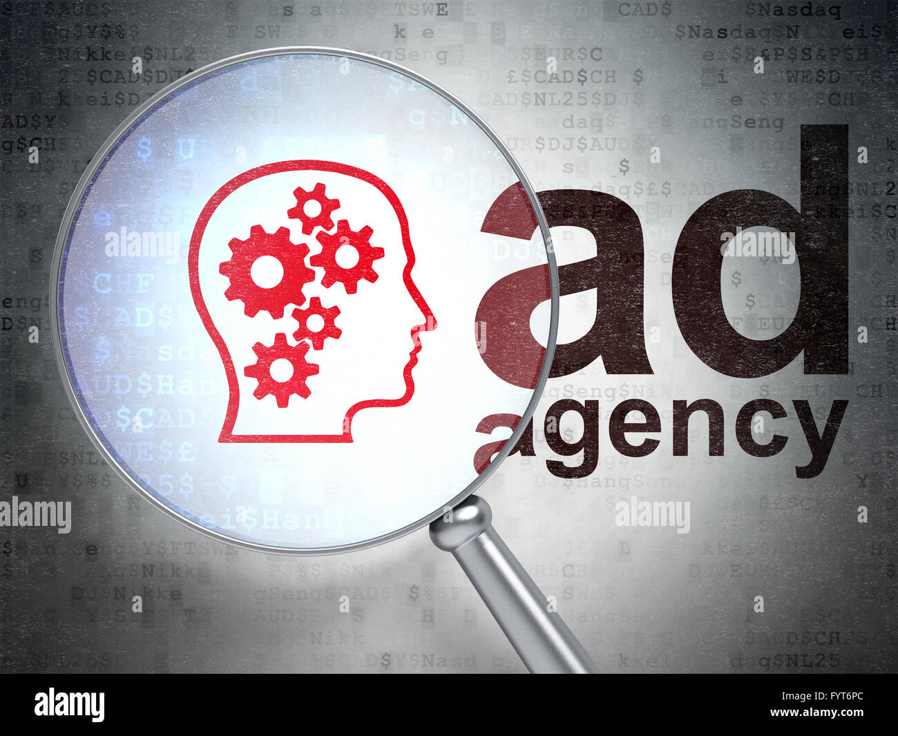 Marketing concept: magnifying optical glass with Head With Gears icon ...