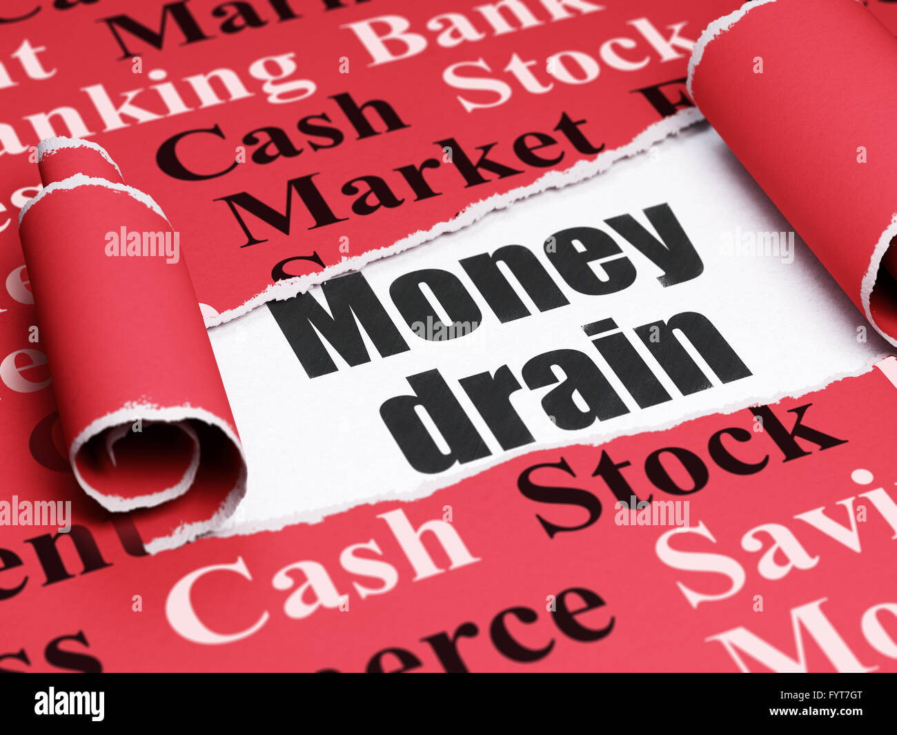 Currency concept black text Money Drain under the piece of torn paper