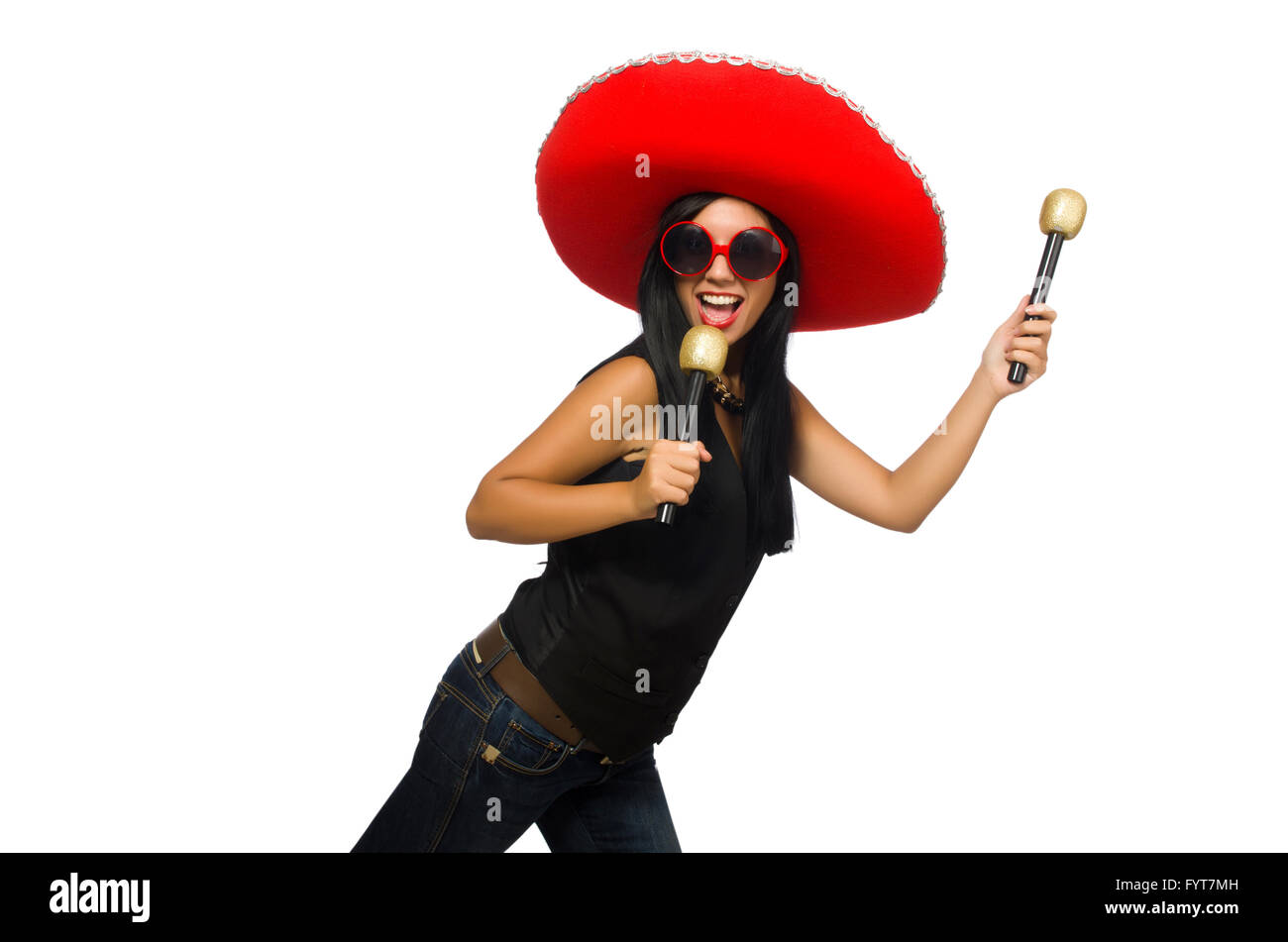 Young attractive woman wearing sombrero on white Stock Photo