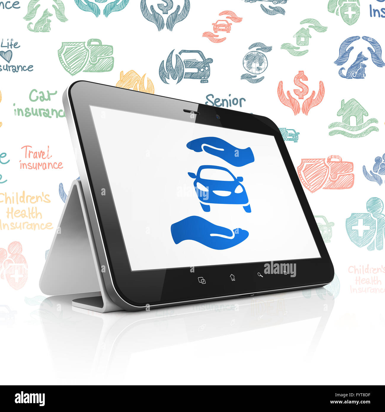 Insurance Computer Insurance concept: Tablet Computer with Car And Palm on display Stock ...