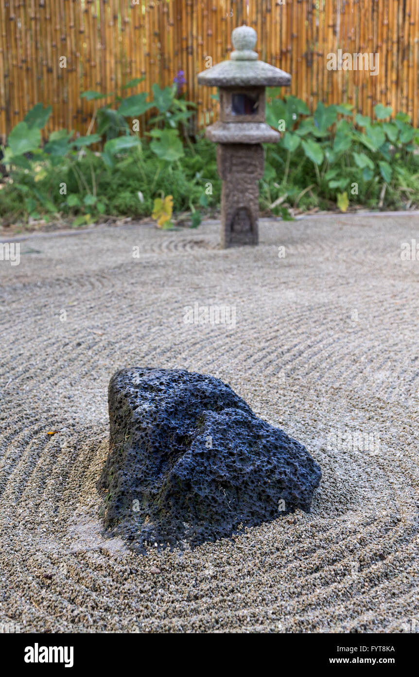 Small raked Japanese Zen rock garden in Kauai Stock Photo