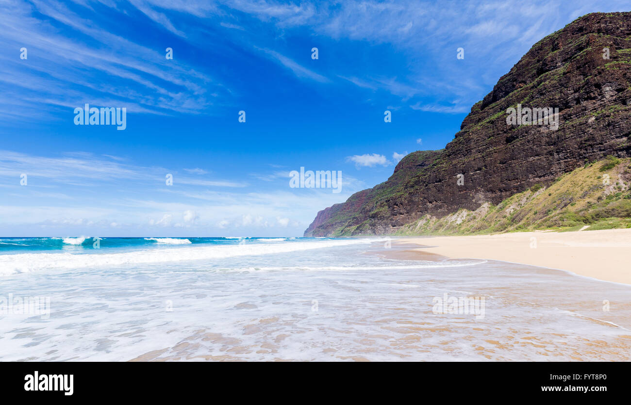 Empty sand and cliffs Polihale beach Stock Photo