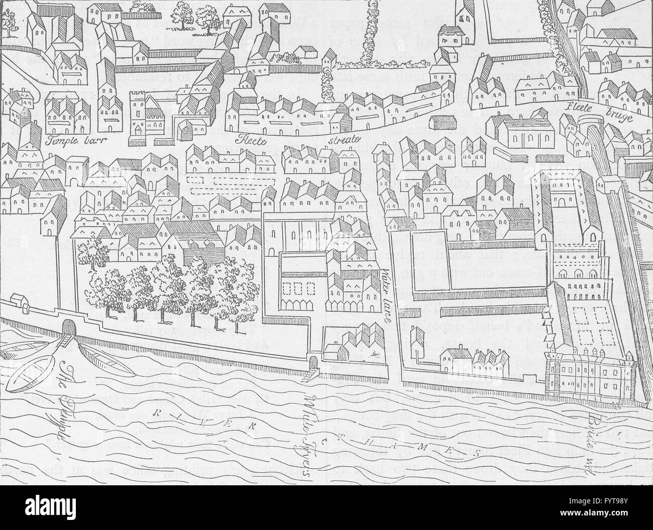 FLEET STREET: Fleet Street, the Temple, etc. (from Aggas' plan, 1563), c1880 map Stock Photo