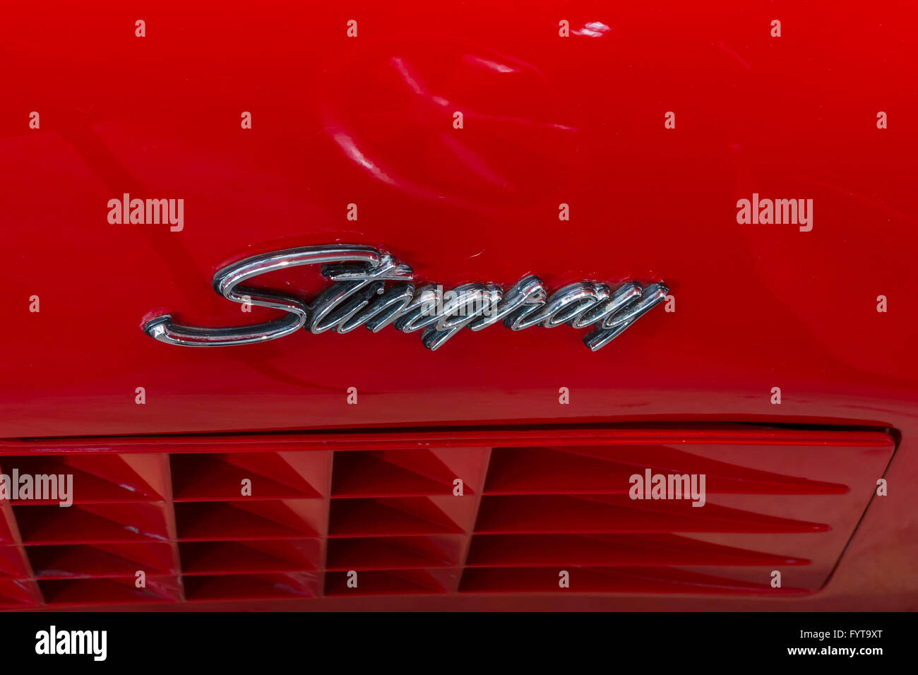 Emblem of sports car Chevrolet Corvette (C3) Stingray, close-up. Stock Photo