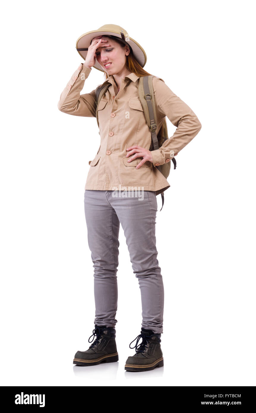 Woman wearing safari hat on white Stock Photo Alamy