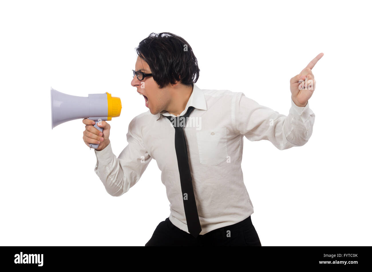 Angry man with loudspeaker isolated on white Stock Photo - Alamy