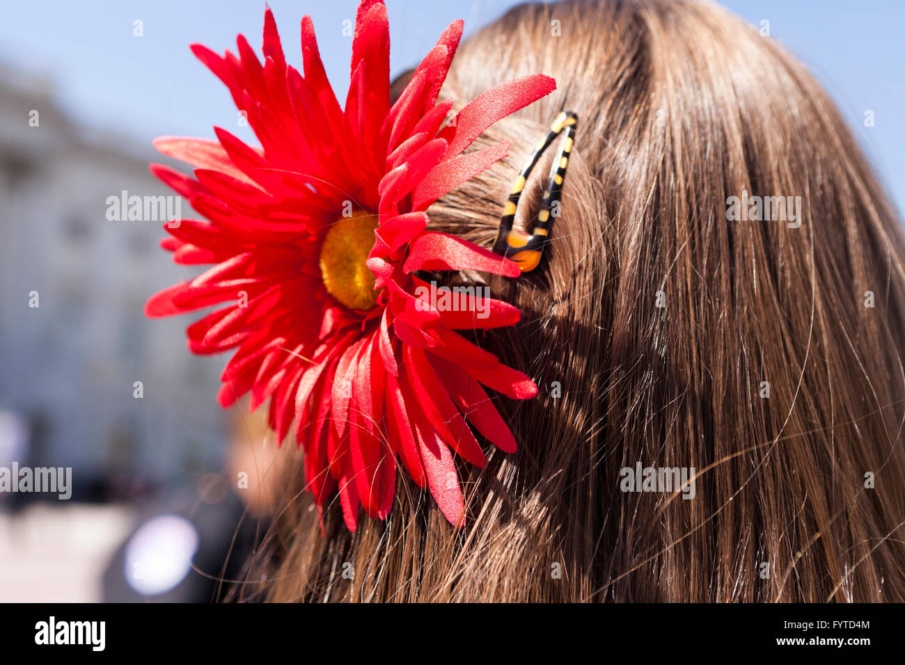 Woman with a large red daisy flower pin in her hair - USA Stock Photo
