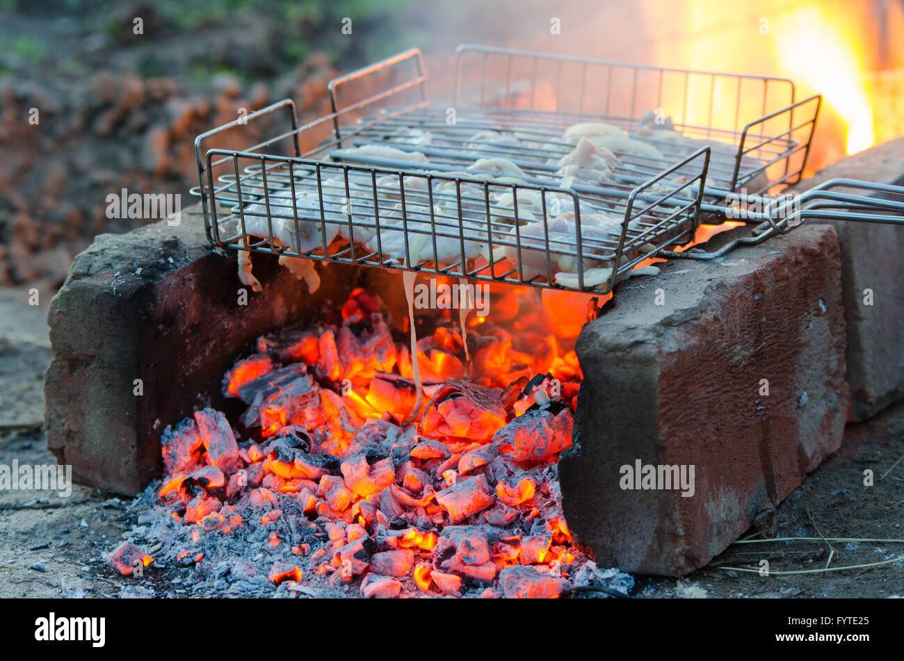 Chicken meat baked in the fire on the grill grate Stock Photo