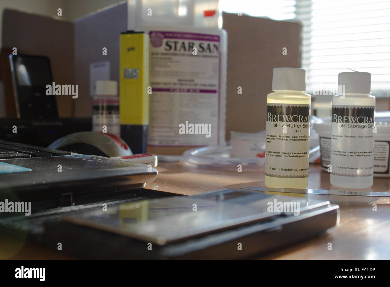 Home Beer Brewing Ingredients, Cleaner and Measuring Apparatus on