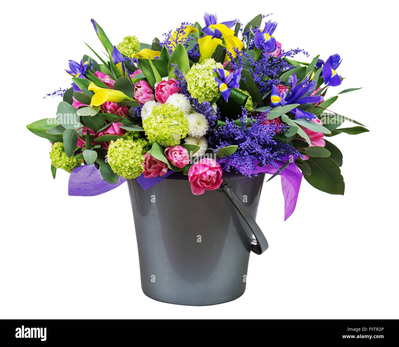 Beautiful bouquet of purple and white flowers with wrapping paper and  ribbons on white isolated background Stock Photo - Alamy