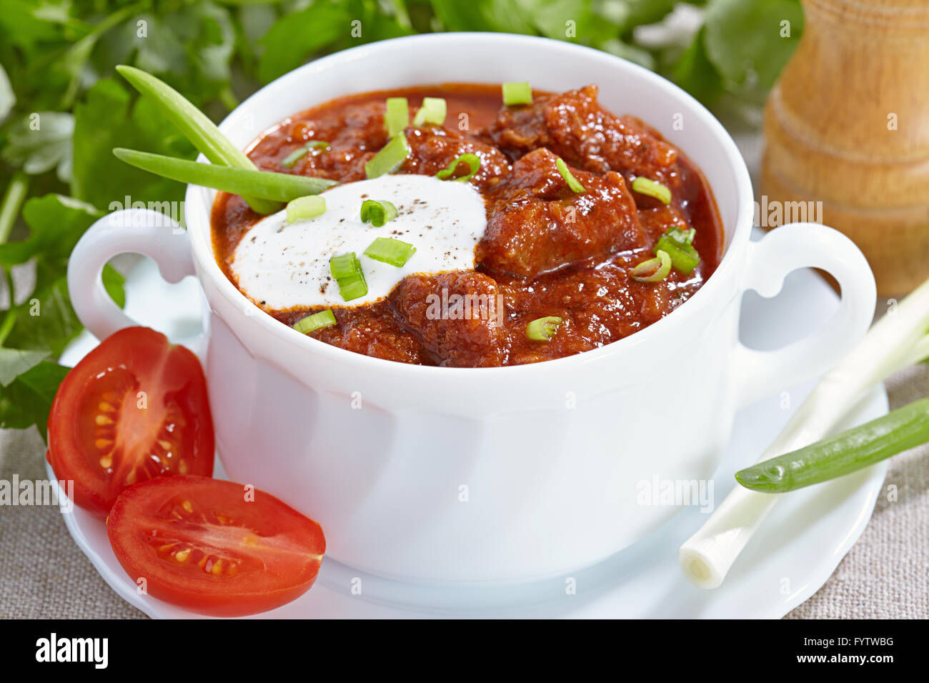 Hungarian cuisine. Goulash served in a white tureen Stock Photo