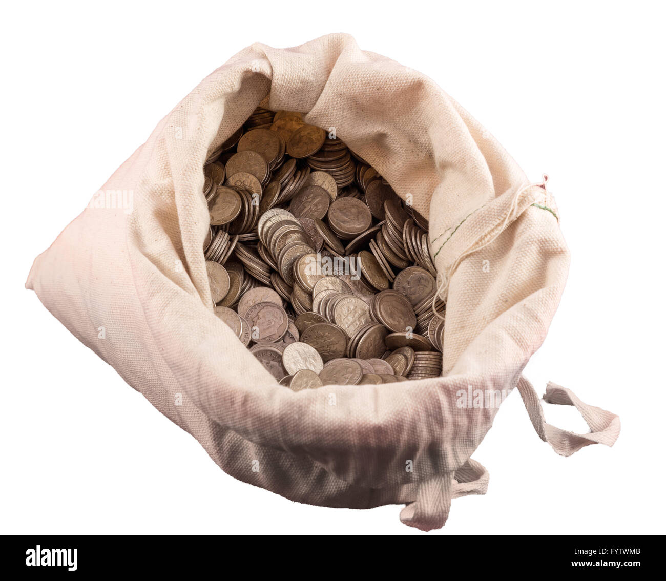 Cloth money bag containing thousands of sterling silver dimes Stock Photo