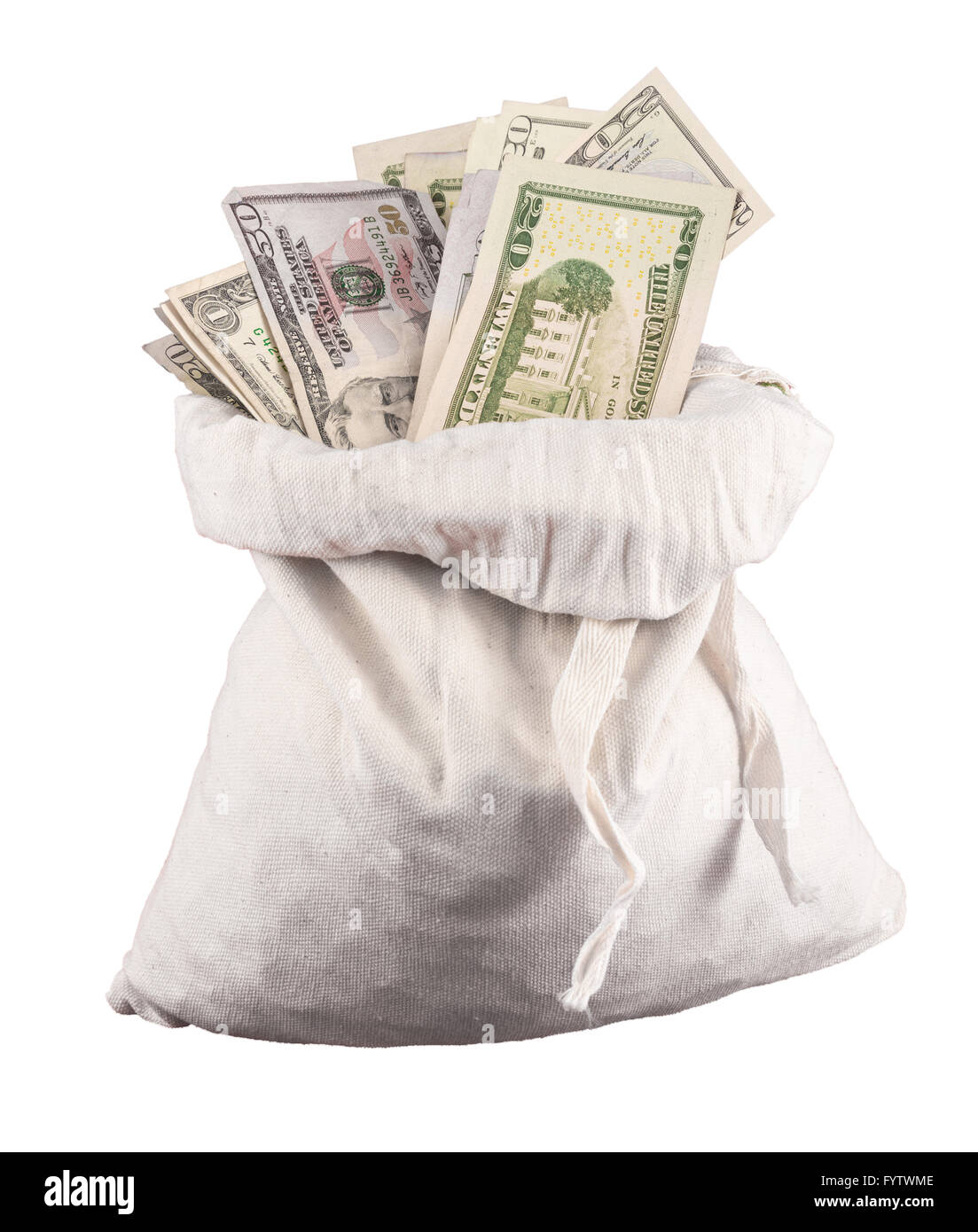 Many US dollar bills or notes with money bags Stock Photo