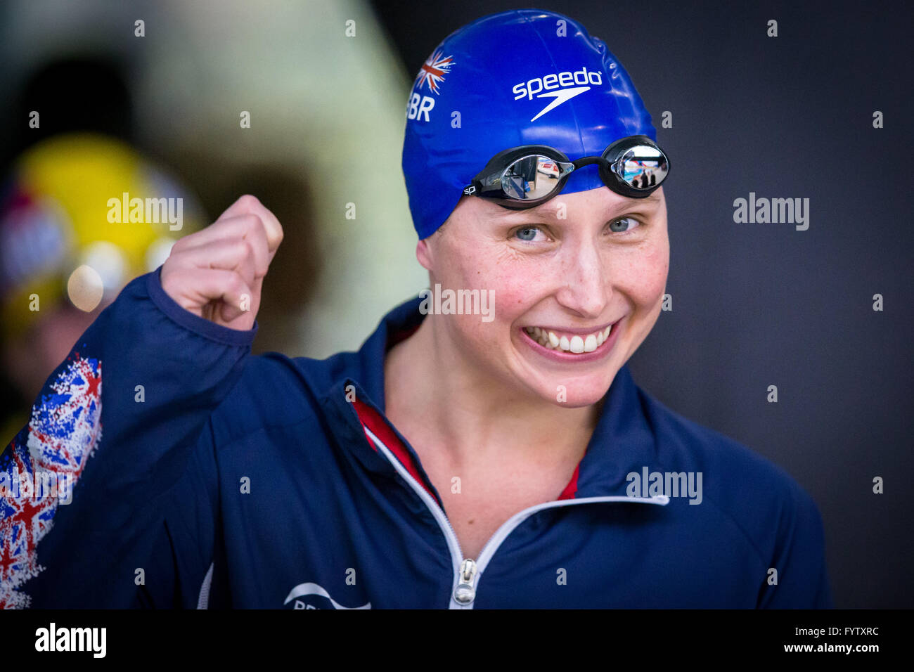 GLASGOW, UK: April, 27, 2016 British swimmer Stephanie Millward prior to the start of the Women's MC 200m IM Final. Stock Photo