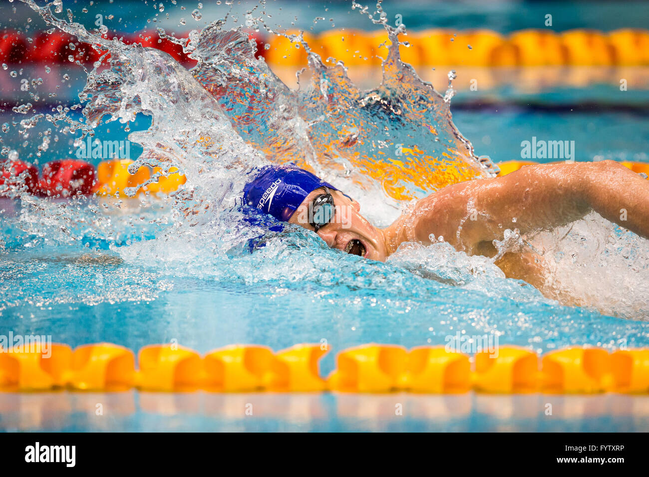 GLASGOW, UK: April, 26, 2016 British swimmer Thomas Hamer competes at the para-swim trials. Stock Photo