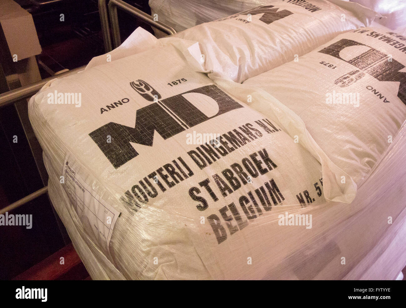BELGIUM - Bags of Belgian malt, made by Mouterij Dingemans malster, for brewing beer. Malted barley. Stock Photo