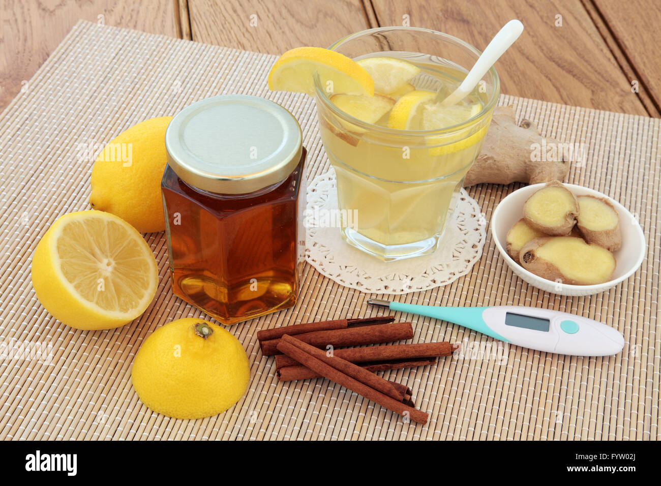 Cold and flu alternative medicine with honey, ginger and cinnamon spice