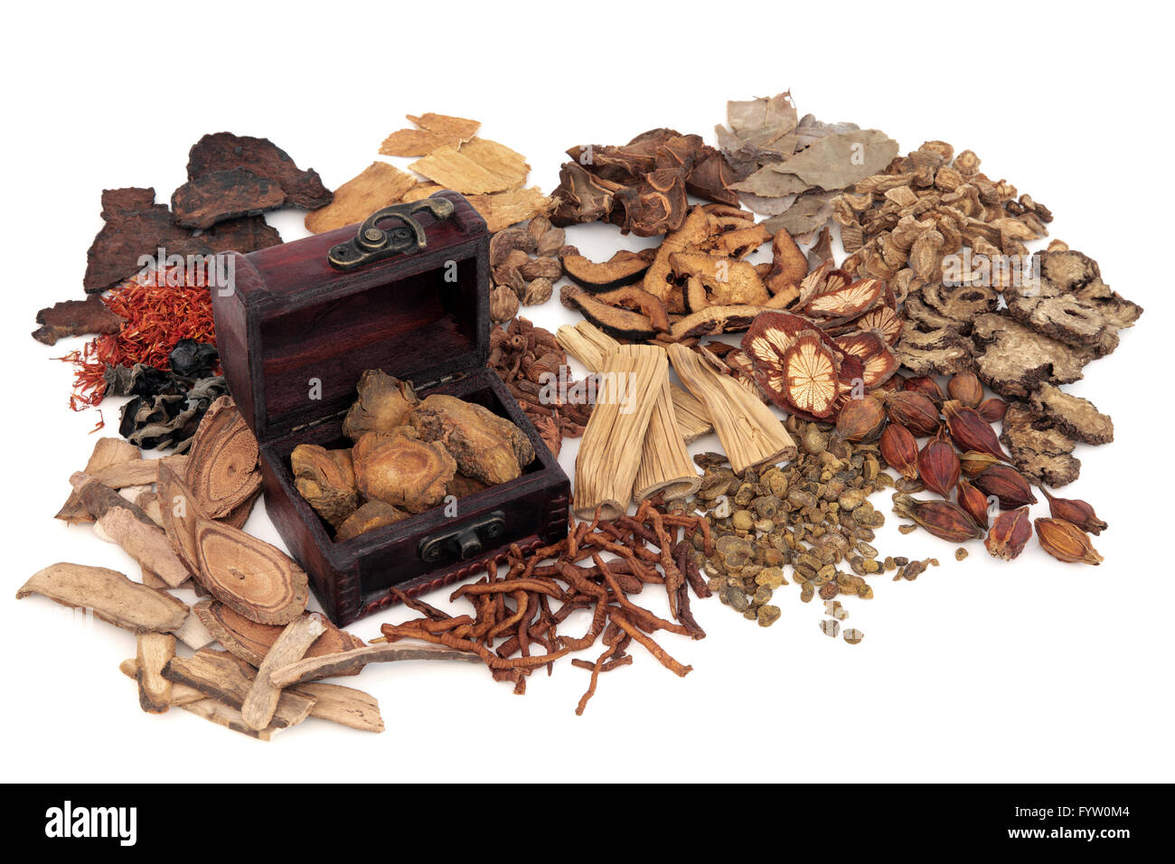 Chinese herb ingredients used in traditional herbal medicine with an old box over white background. Stock Photo
