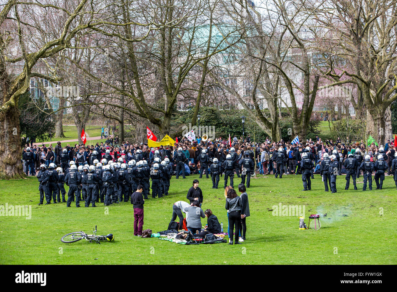Demonstration of right wing, neo Nazi party NPD, in Essen, Germany, counter demonstration of left wing groups, police operation Stock Photo