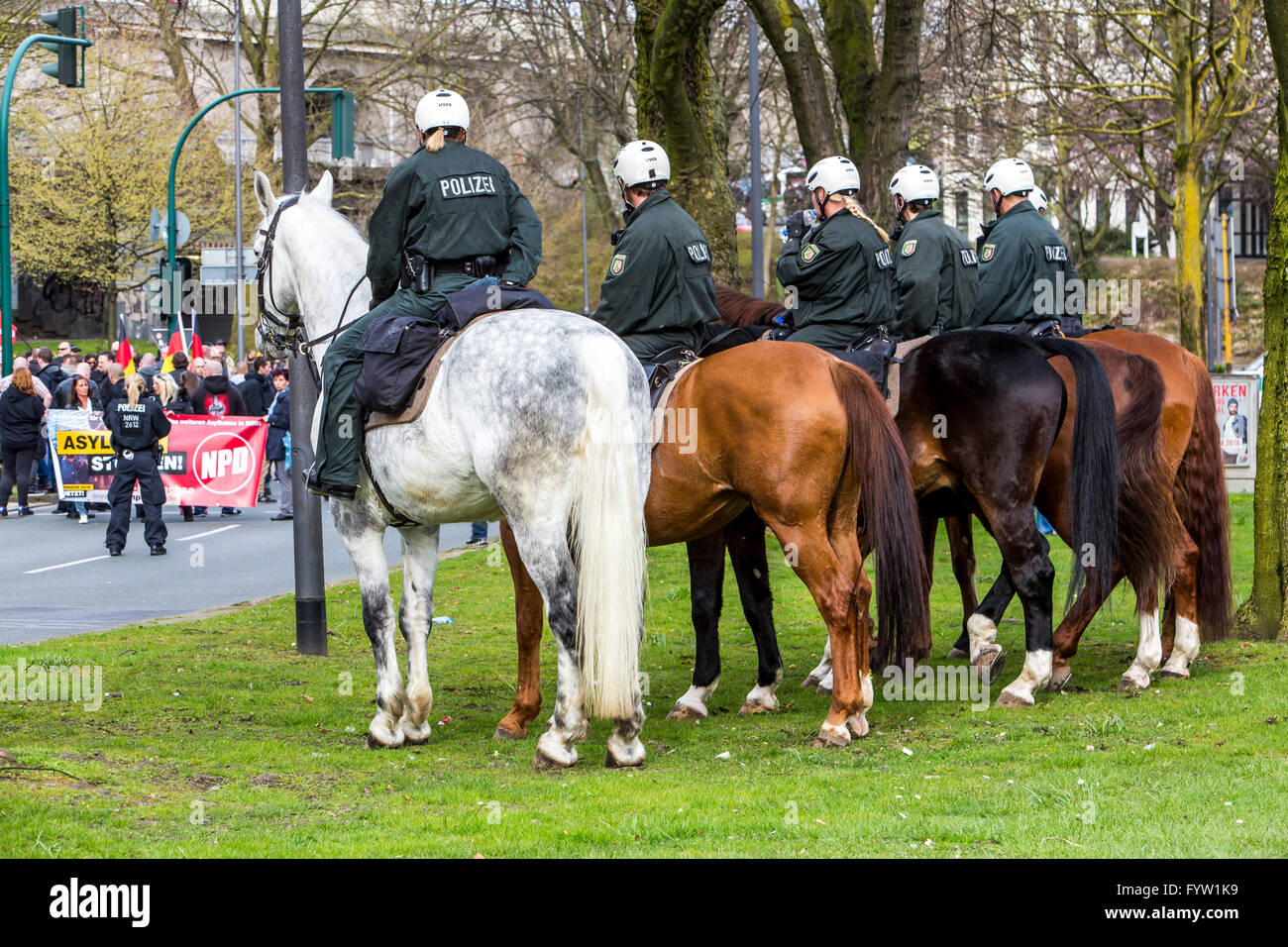 Demonstration of right wing, neo Nazi party NPD, in Essen, Germany, counter demonstration of left wing groups, police operation Stock Photo