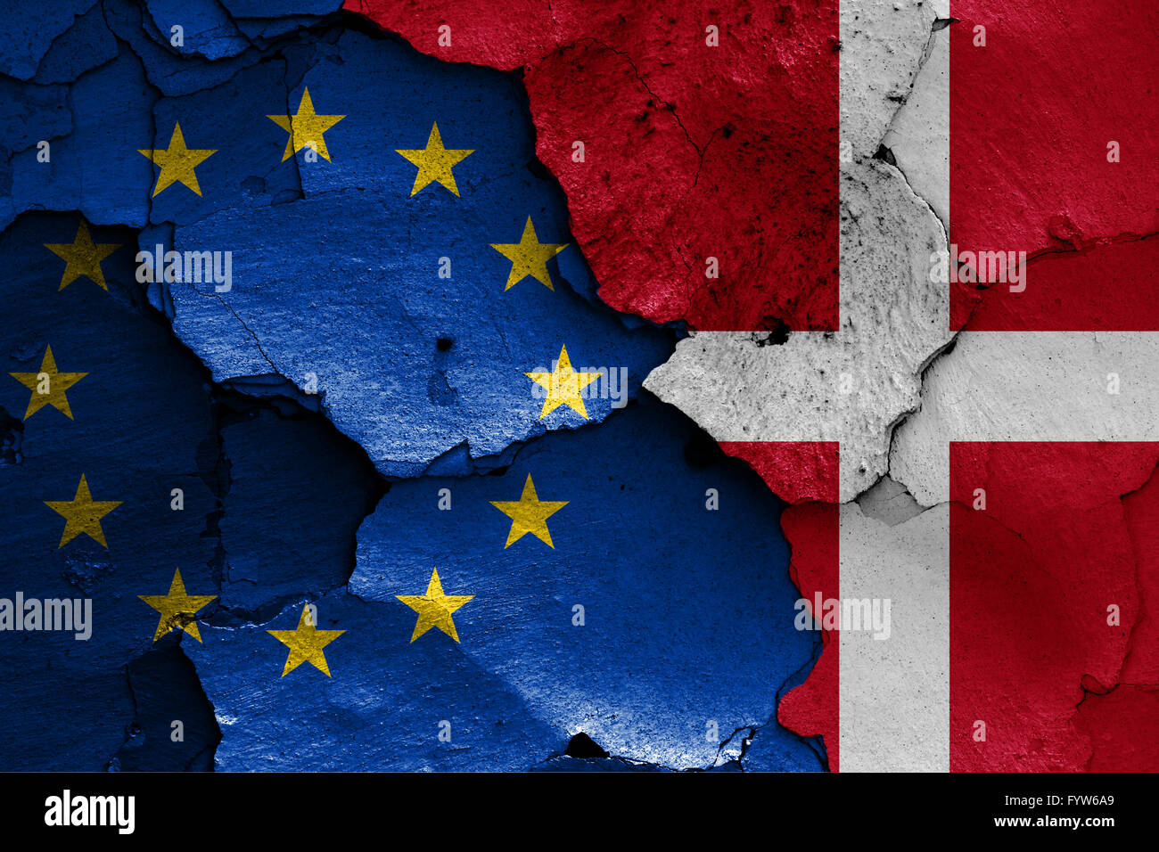 flags of EU and Denamrk painted on cracked wall Stock Photo - Alamy